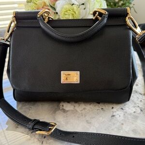 Dolce & Gabbana Miss Sicily M Size Black Leather Satchel with Gold Hardware.